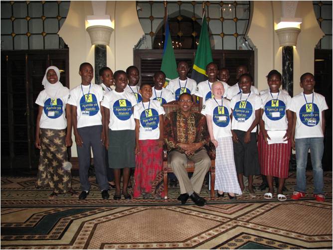 Representatives of the Children’s Council with President Jakaya Mrisho Kikwete after a meeting at the State House where they presented Children’s Agenda for the General Elections in 2010. 
